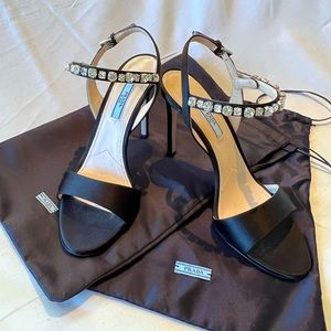 PRADA - Black strappy satin open toe sandal with crystal embellishment.